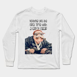 Puff Sumo: There's Nothing Like the First Time With a Great Cigar  on a light (Knocked Out) background Long Sleeve T-Shirt